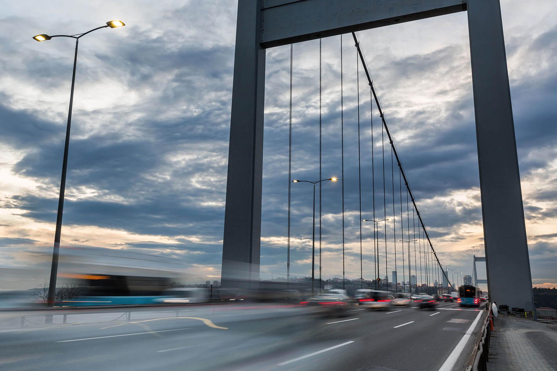Energy efficient Teceo luminaires provide a high light output, improving visibility on Fatih Sultan Mehmet Bridge